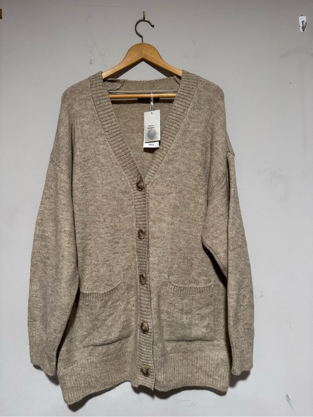 Mango Taupe Button-Up V-Neck Pocket Cardigan
